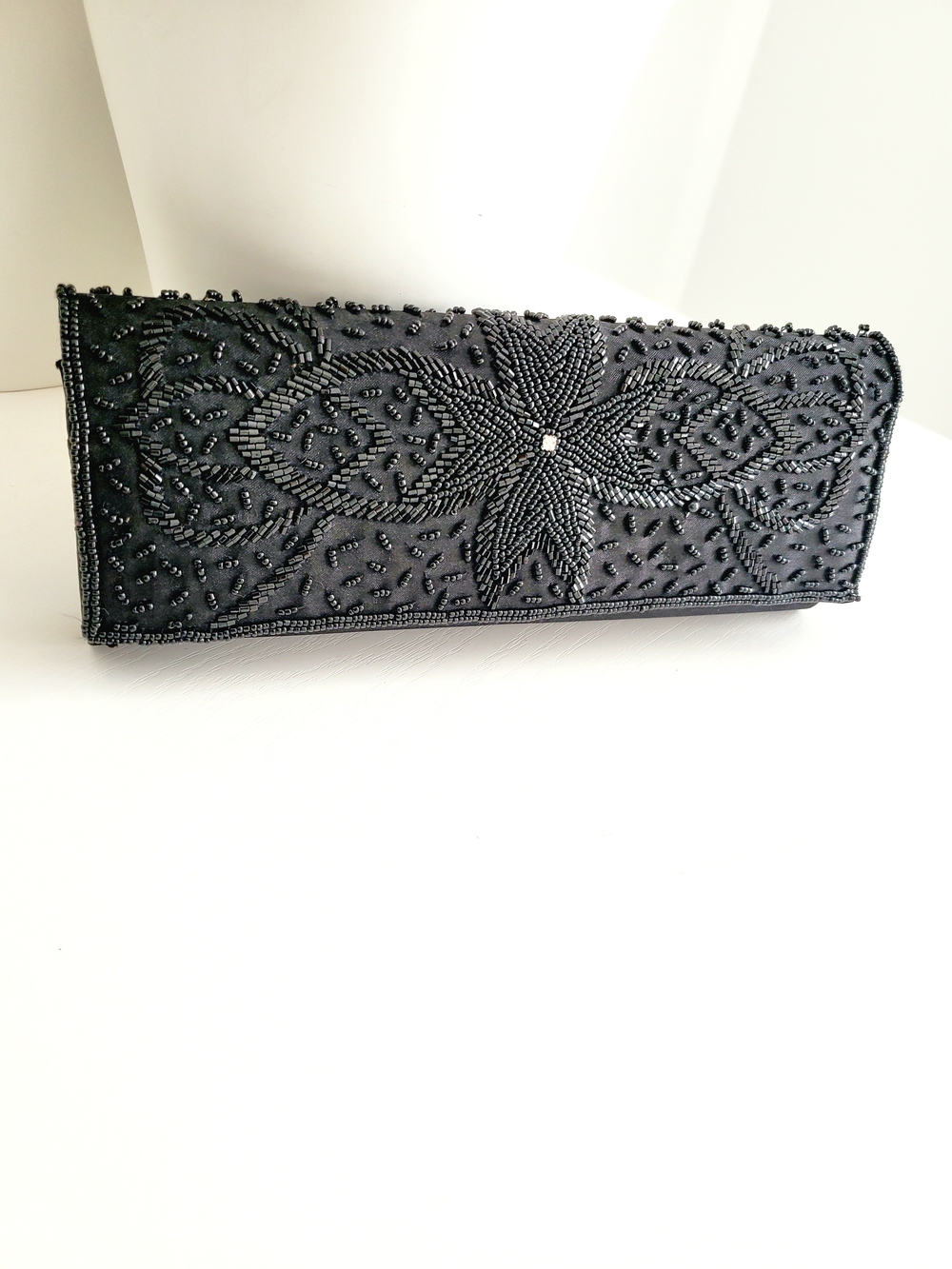 Vintage Black Beaded Evening Clutch Bag Crossbody Formal Purse Like New